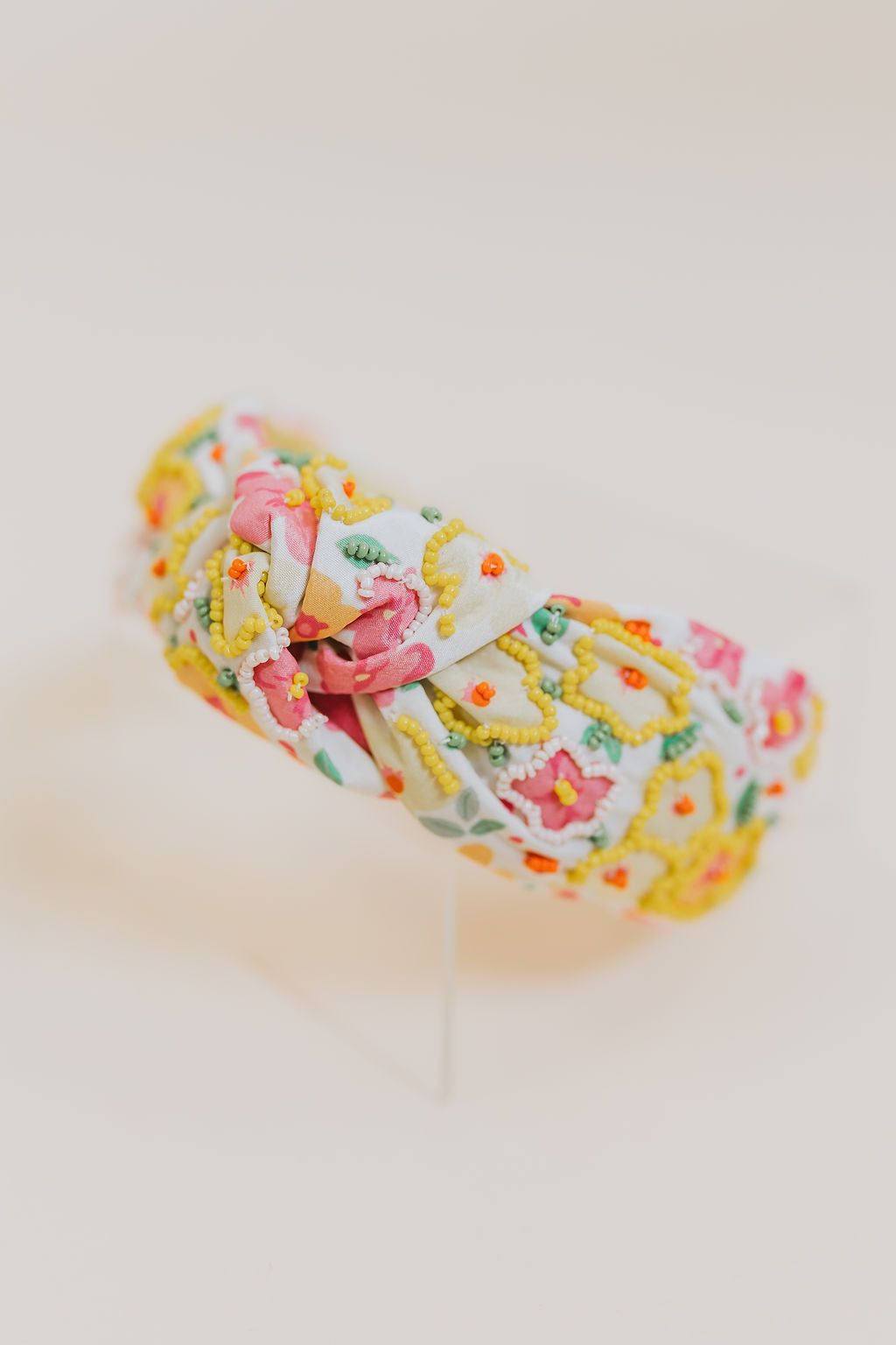 Yellow and Pink Poppies Seed Beaded Top Knot Headband