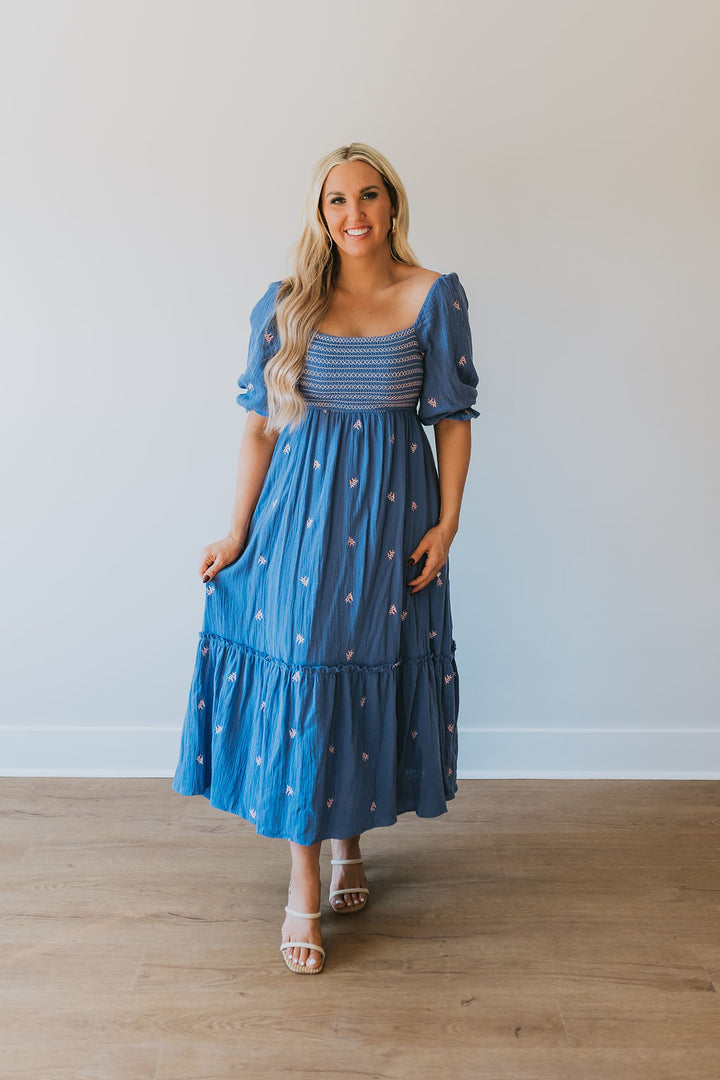 Embroidered Smocked Dress - Cobalt