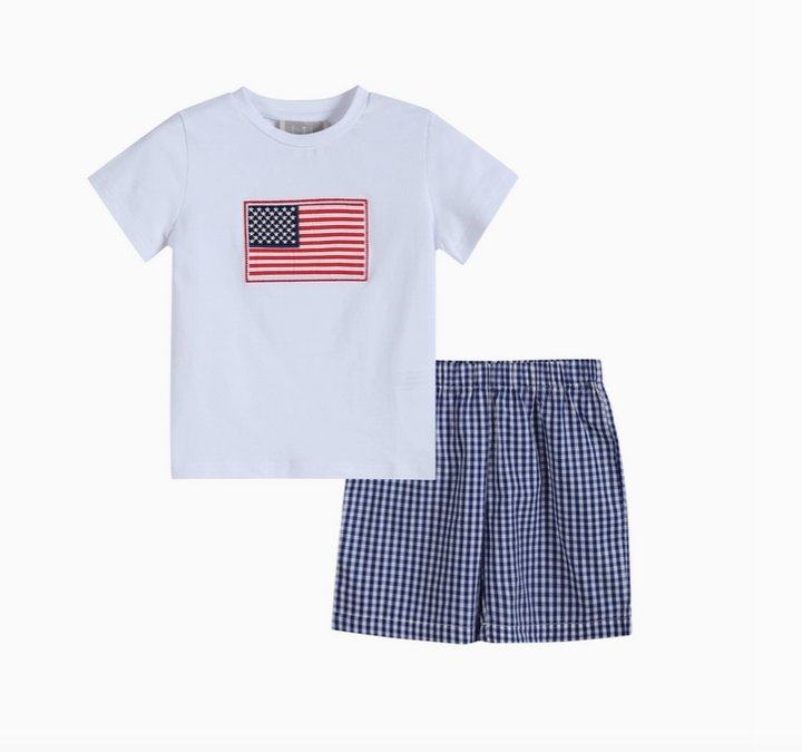 Royal Blue Gingham American Flag Shirt and Shorts Set