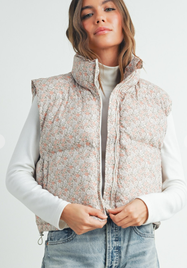 Hailey High Neck Floral Puffer Vest - Blush