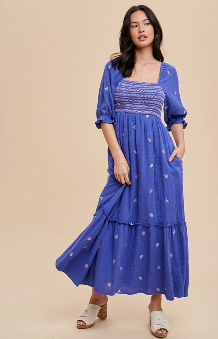 Embroidered Smocked Dress - Cobalt